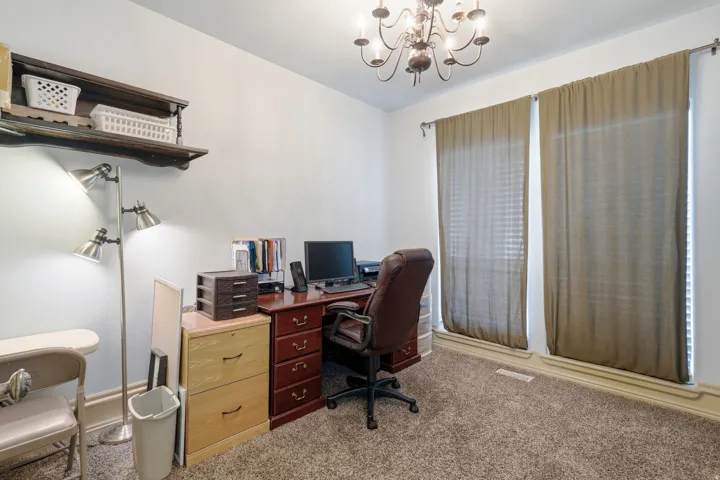 White walls with crown molding, textured carpeting, and dual windows
