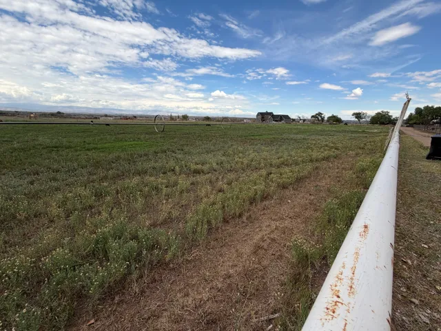 Expansive open field with green ground cover and distant structures