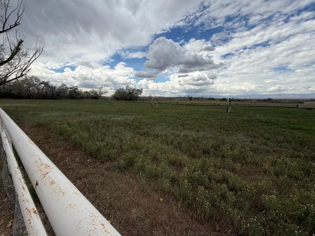 Expansive green field with visible irrigation system, bordered by a white metal fence