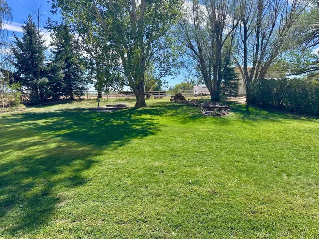 Expansive lawn area featuring mature trees and a stone fire pit