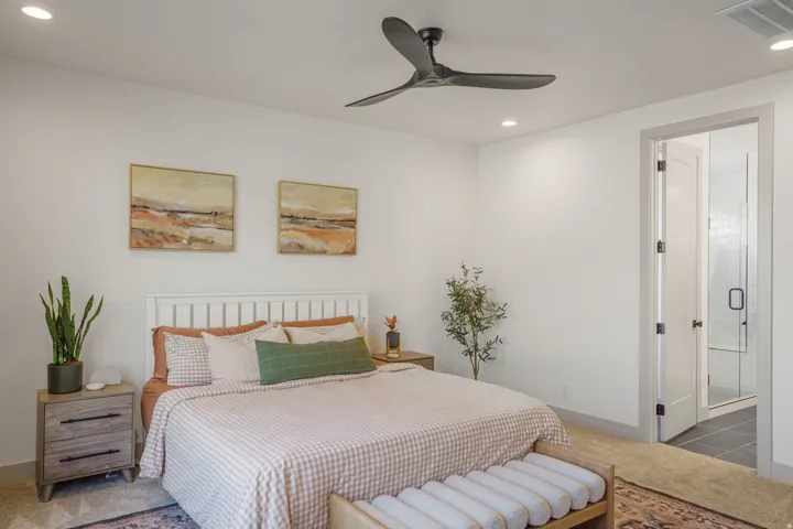 Spacious room featuring neutral paint, recessed lighting, and a contemporary ceiling fan