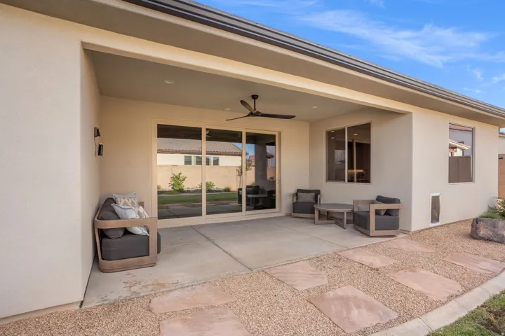Covered patio featuring a ceiling fan and recessed lighting