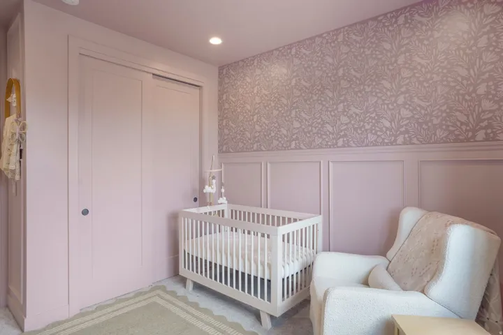 Wall paneling with decorative botanical wallpaper
