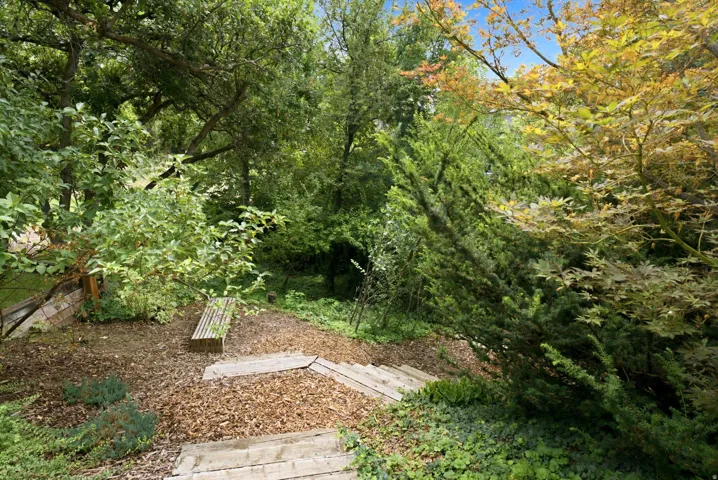 Terraced garden area featuring natural wood steps descending through varied foliage