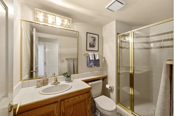 Vanity with wood cabinetry, tile countertop, and a drop-in sink