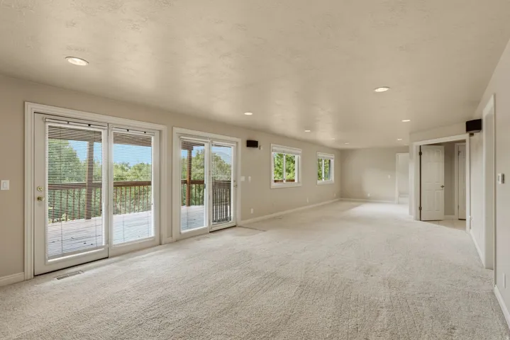 Recessed lighting, light-toned carpeting, multiple glass doors, and a neutral color palette