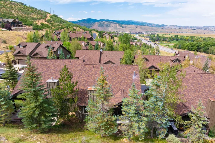 Mountain community setting featuring a shingle roof, mature evergreen trees, and surrounding natural landscape