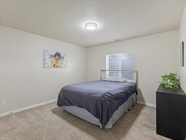 Bedroom #4 featuring a single window with horizontal blinds, light-toned walls, and a flush-mount ceiling light fixture