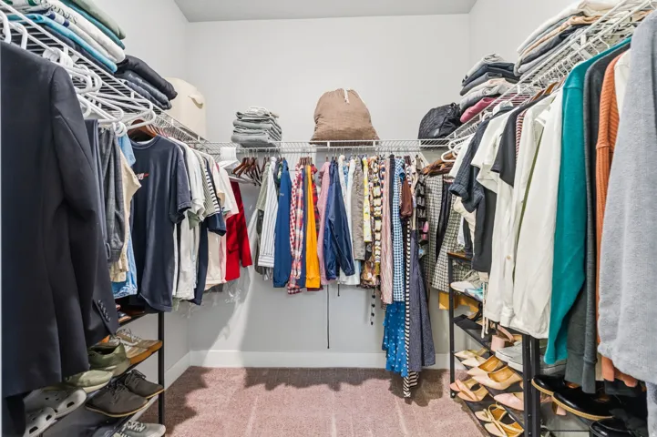 Walk-in closet featuring wire shelving, hanging rods, and light-colored carpeting