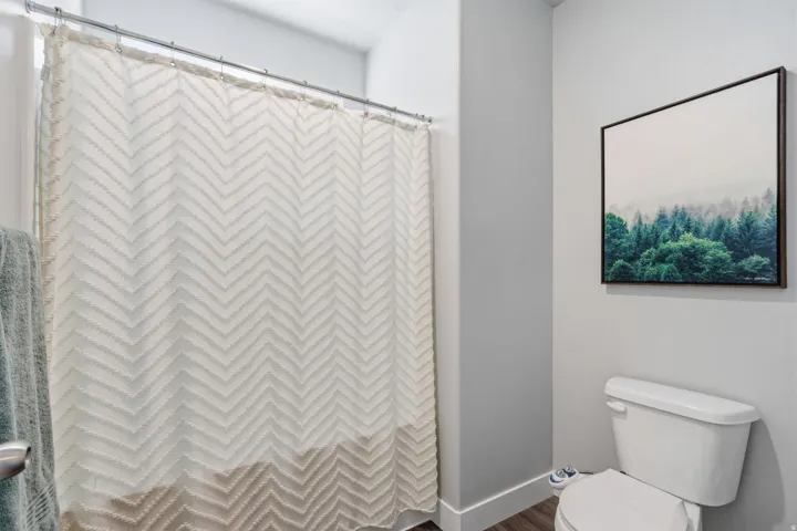 Full bathroom featuring light gray walls, a white toilet, and wood-finish flooring