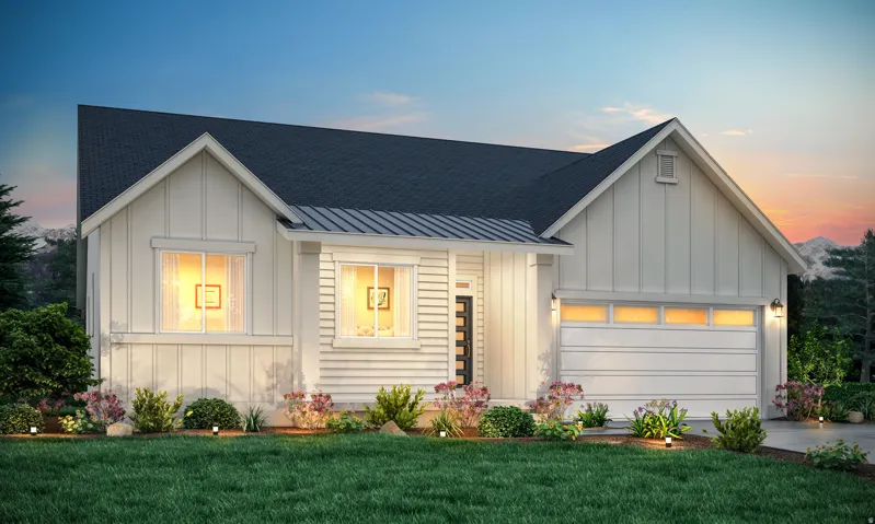 Contemporary single-story residence with white board and batten siding, dark shingled roof, and an attached two-car garage