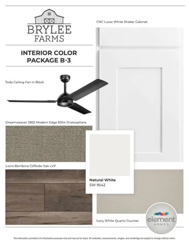 Interior Color Package B-3. Specification sheet detailing finish selections for ceiling fan, flooring, cabinetry, countertop, and paint colors for the property