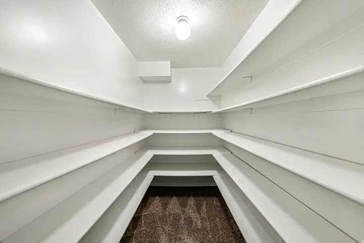 Brightly lit walk-in pantry featuring extensive white shelving, a textured ceiling, and brown carpeting