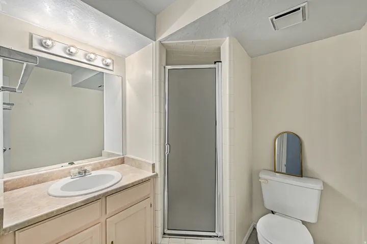 Bathroom featuring a single vanity with an integrated sink and light-toned countertop, a shower stall with a frosted glass door, and a white toilet