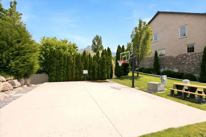 Spacious concrete sports court with a basketball hoop, surrounded by mature privacy trees and a stone retaining wall