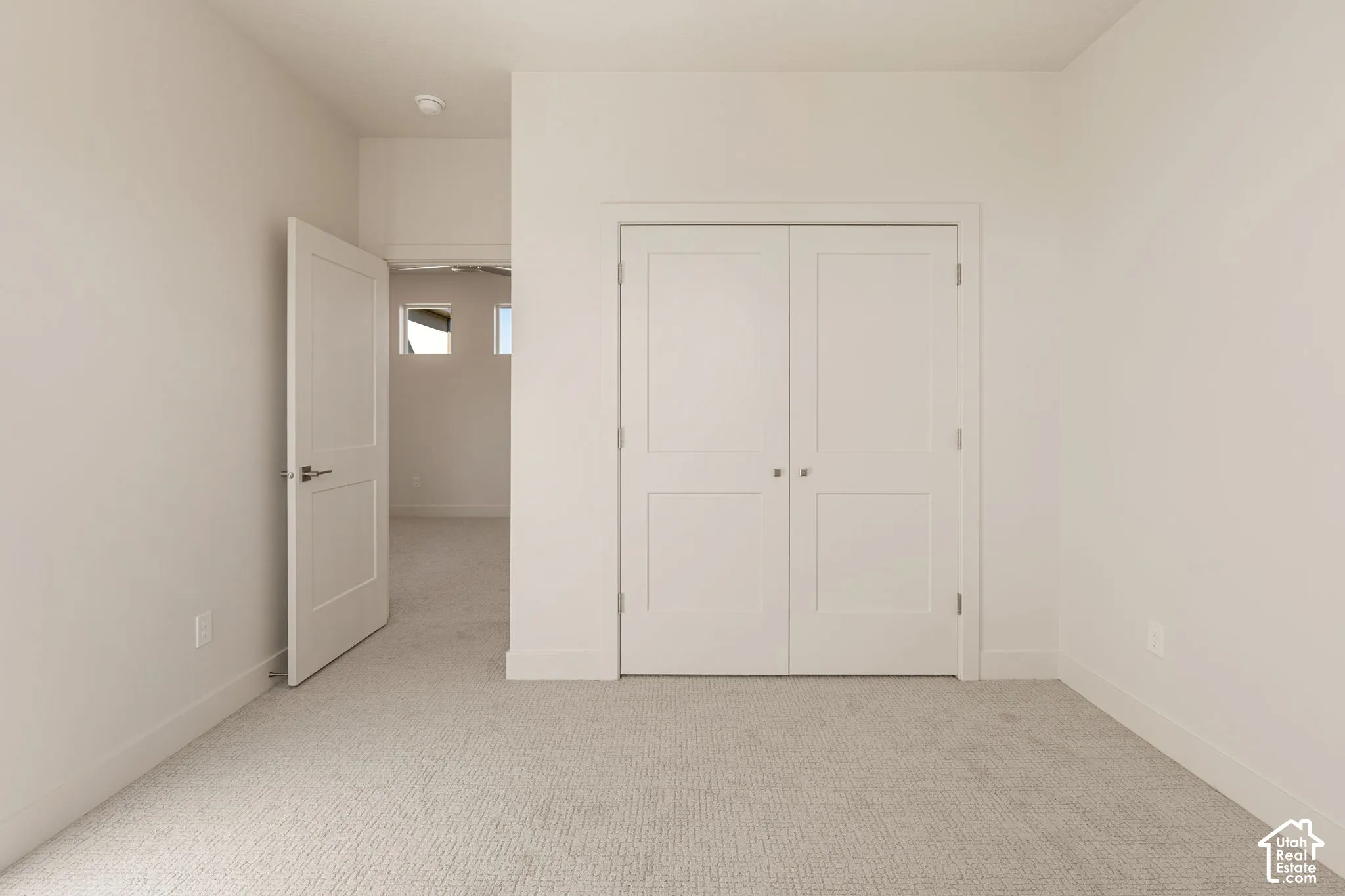Neutral interior featuring carpeted flooring, double-panel closet doors, and a single-panel interior door with matte-finish hardware
