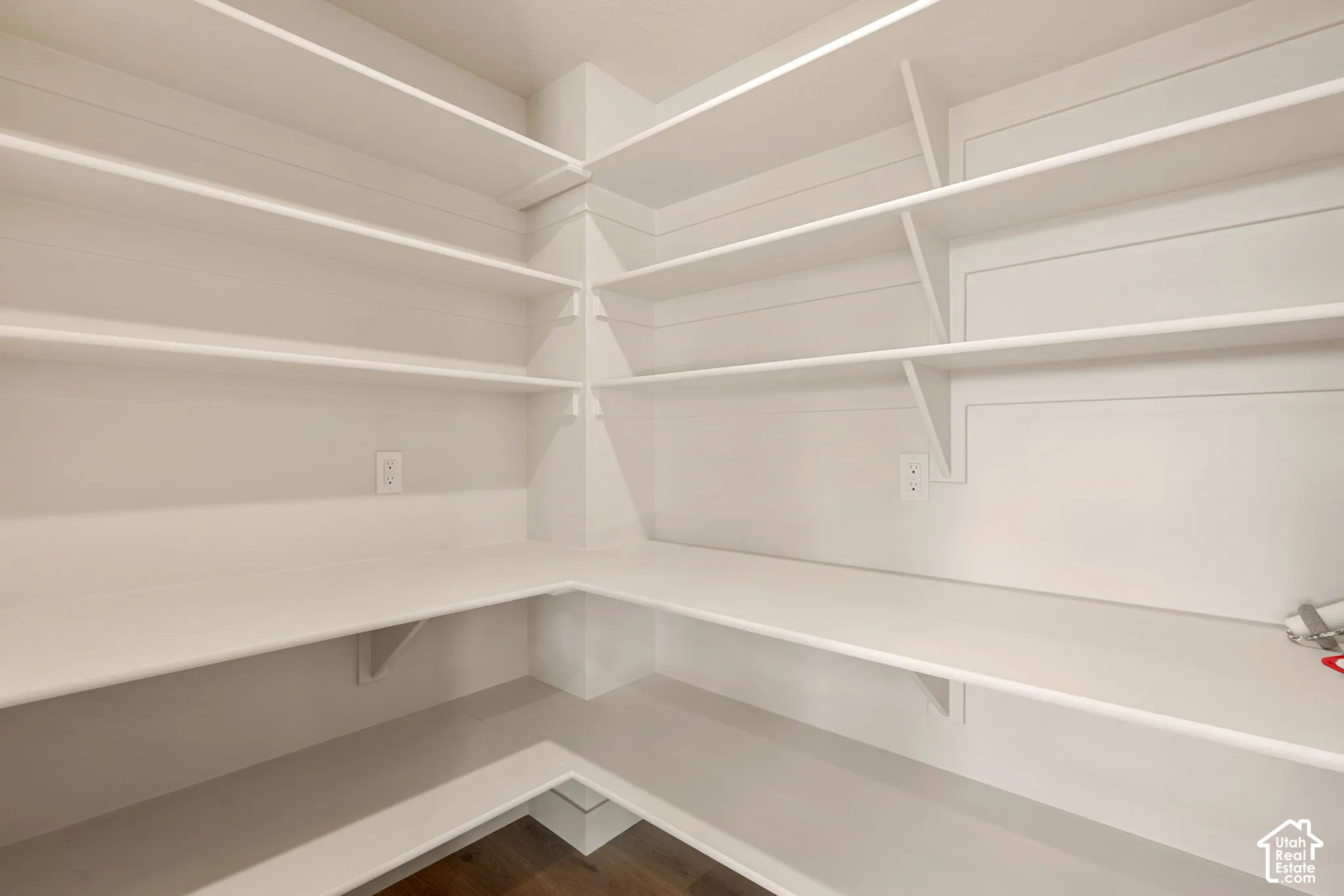 Walk-in storage area featuring white multi-level corner shelving, shiplap wall detailing, and wood-finish flooring