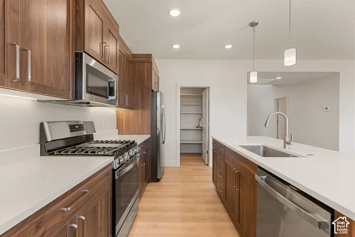 Kitchen featuring wood cabinetry, stone countertops, stainless steel appliances, a center island with an undermount sink, and a walk-in pantry
