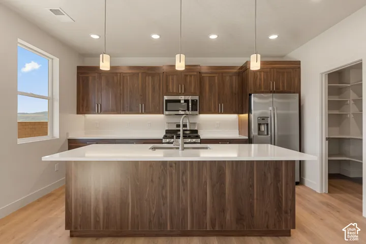 Kitchen featuring wood-finish cabinetry, a central island with a quartz countertop, stainless steel appliances, pendant lighting, and a walk-in pantry