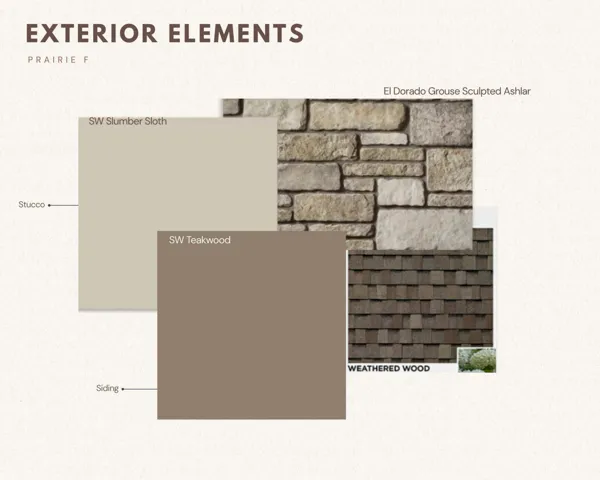 Exterior Elements Specification. Detailing material and color selections for the property's exterior