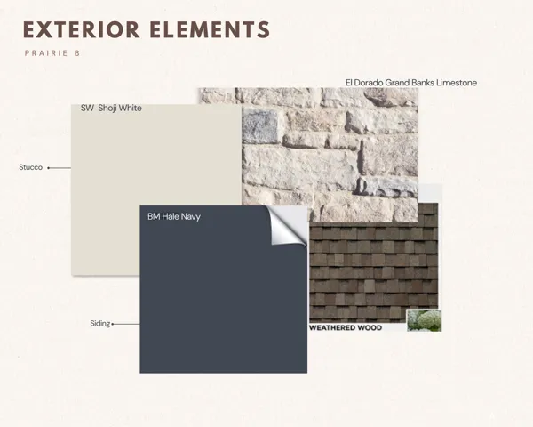 Exterior Elements document. Displaying material and color selections for the property's exterior