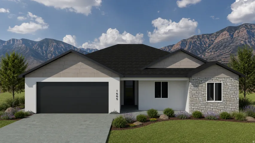 Modern ranch-style exterior with a dark shingled roof, white stucco, and a stone accent facade