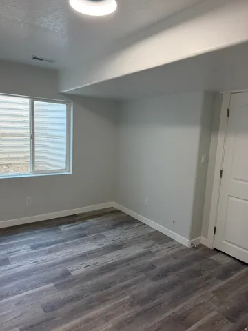 Interior room featuring wood-finish flooring, a contemporary flush-mount ceiling light, and a window with a window well
