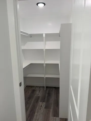 Walk-in closet featuring built-in white shelving, hanging rods, recessed ceiling light, and wood-finish flooring