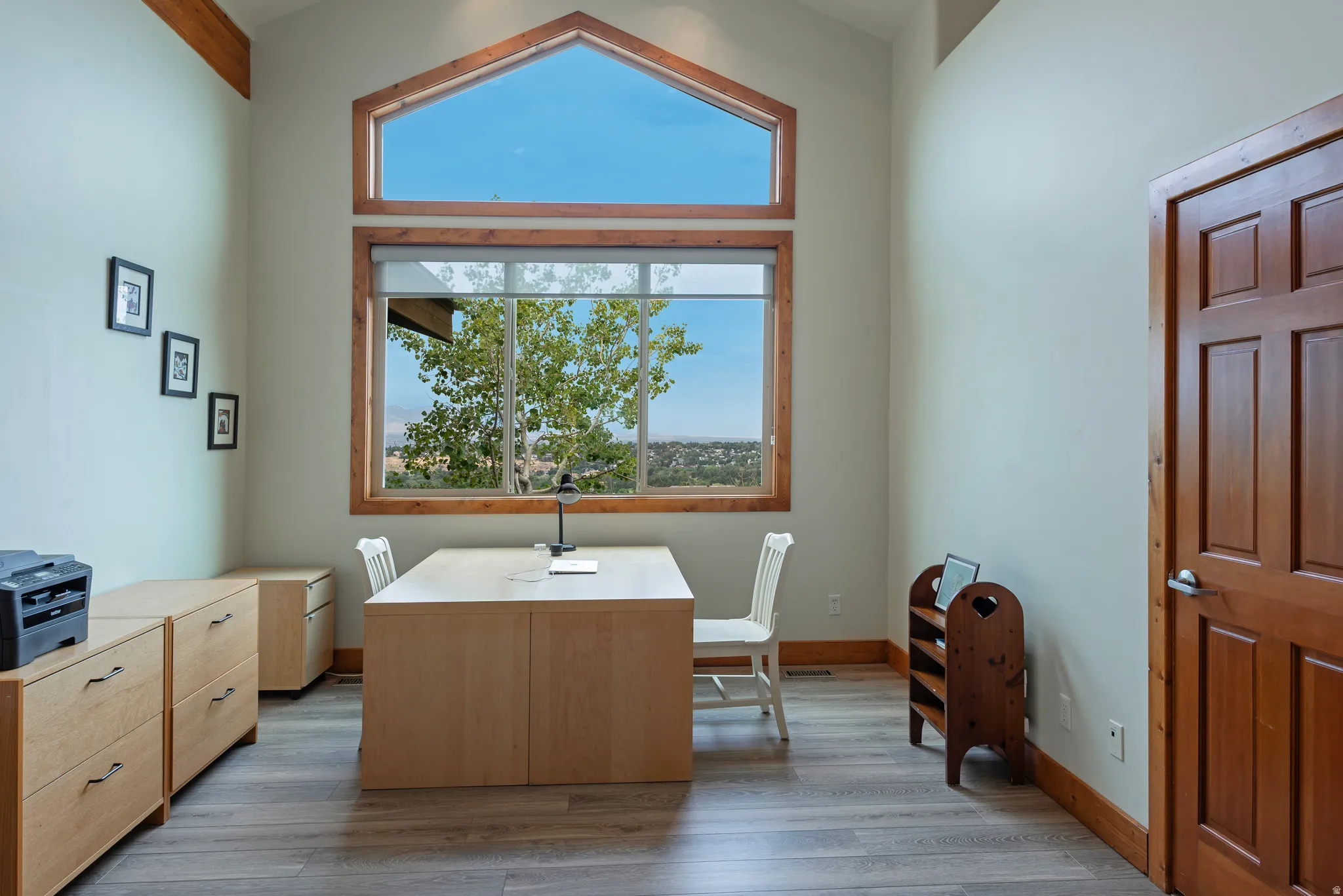 Vaulted ceiling room featuring a large picture window with an arched transom, wood-finish flooring, light-toned built-in cabinetry, and a solid wood paneled door