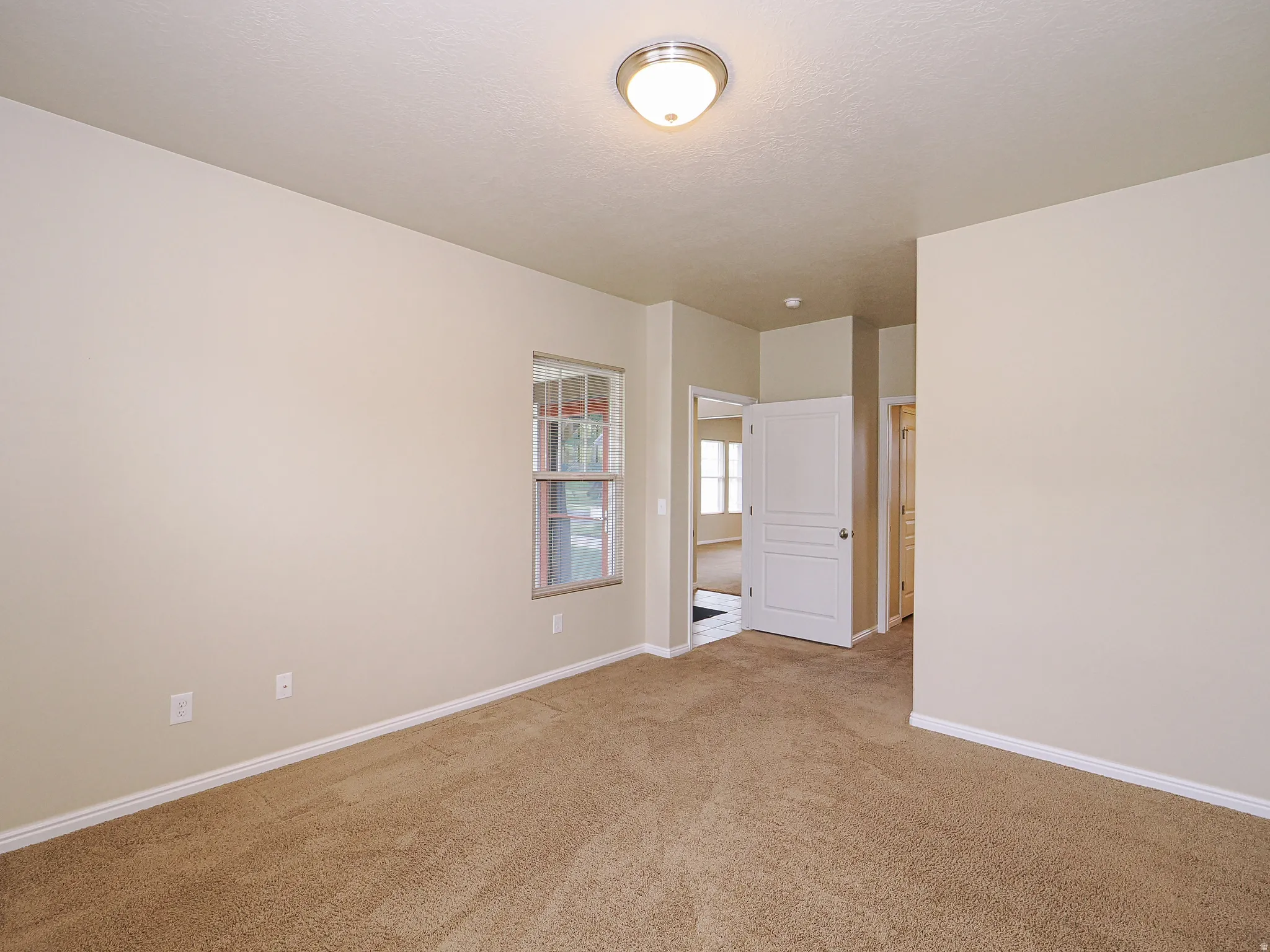 Room featuring neutral-toned carpeting, light wall finishes, a double-hung window, and a flush mount ceiling light
