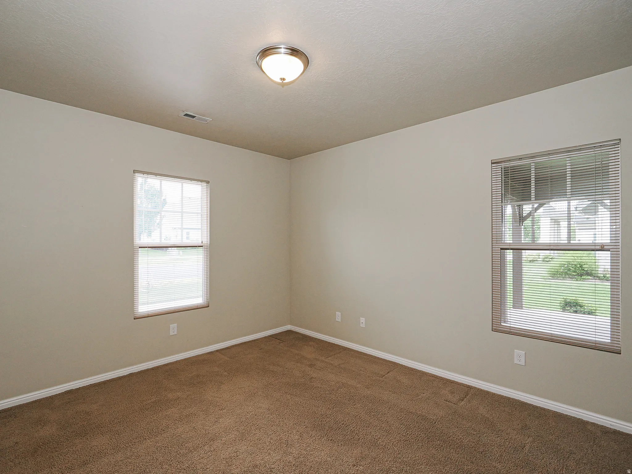 Carpeted room featuring two windows with horizontal blinds, neutral wall paint, white baseboards, and a ceiling-mounted light fixture