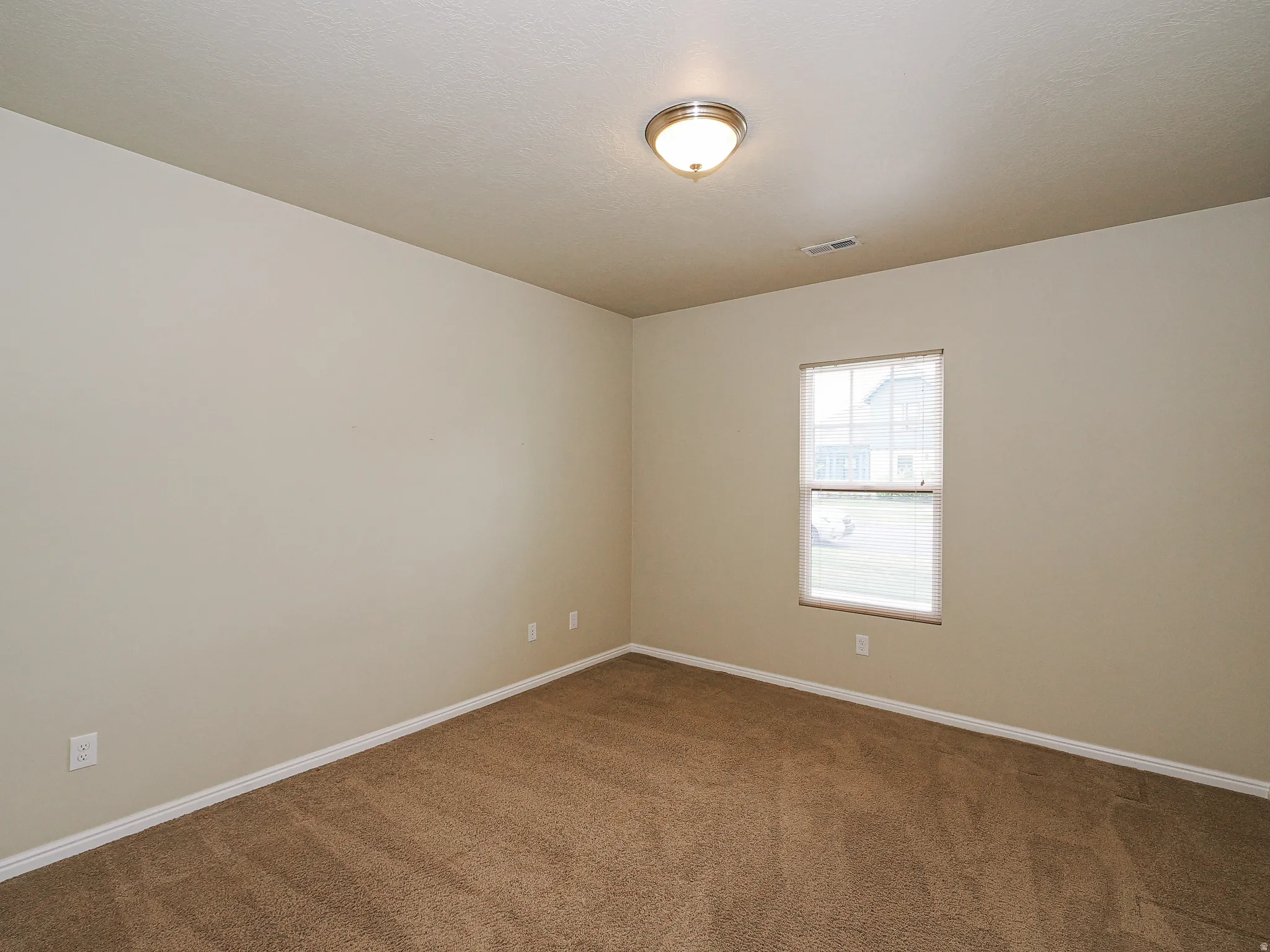 Neutral-toned walls complement the brown patterned carpeting