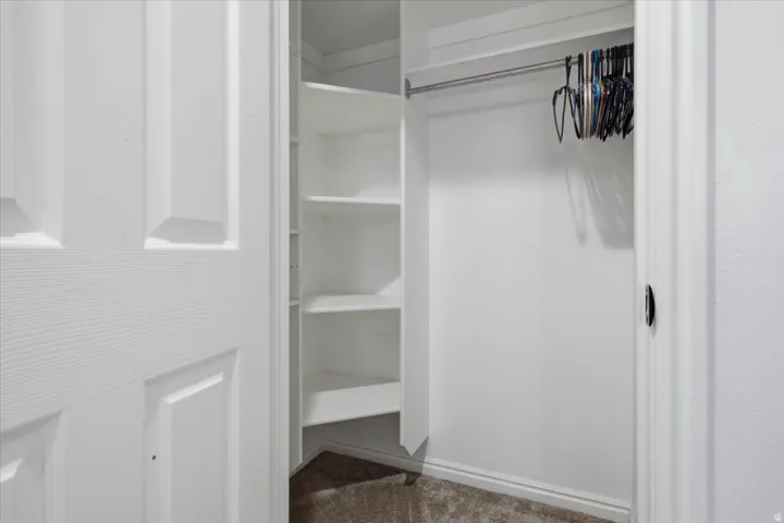 Walk-in closet featuring white built-in shelving, a metal hanging rod, and carpet flooring
