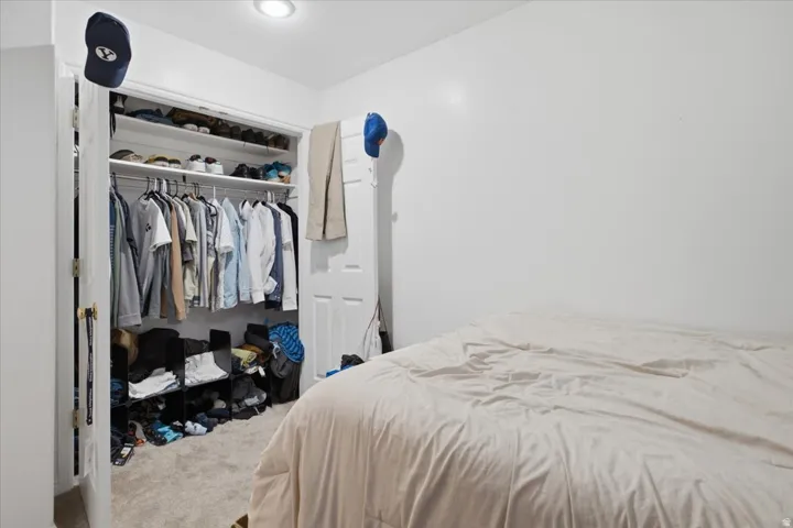 Carpeted room featuring a built-in closet with shelving and hanging rods
