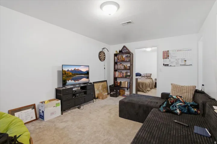 Carpeted living area with white walls and a ceiling-mounted light fixture