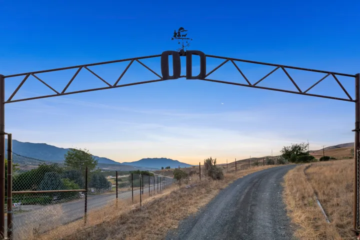 Entry gate with custom ironwork and a weather vane, opening onto a gravel road