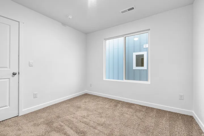 Room featuring a single white window with exterior siding visible, neutral-toned carpet flooring, white walls, and a white interior door