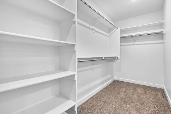 Spacious walk-in closet featuring extensive built-in shelving, multiple hanging rods, clean white finishes, recessed ceiling lighting, and soft carpet flooring