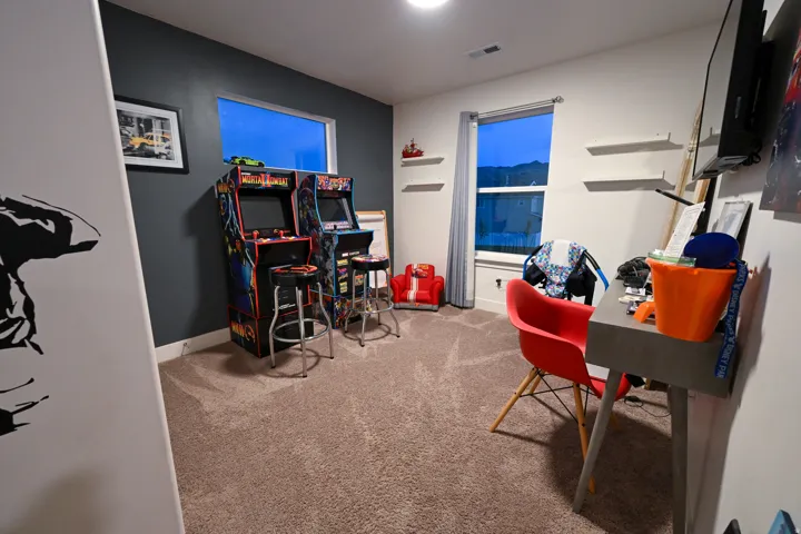 Carpeted interior room featuring a large window with vertical blinds, a smaller horizontal window, and multiple wall-mounted display shelves