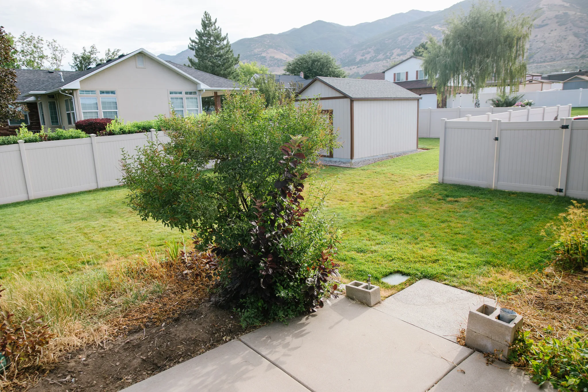 Expansive backyard featuring a detached storage shed, privacy fencing, and a concrete patio pad