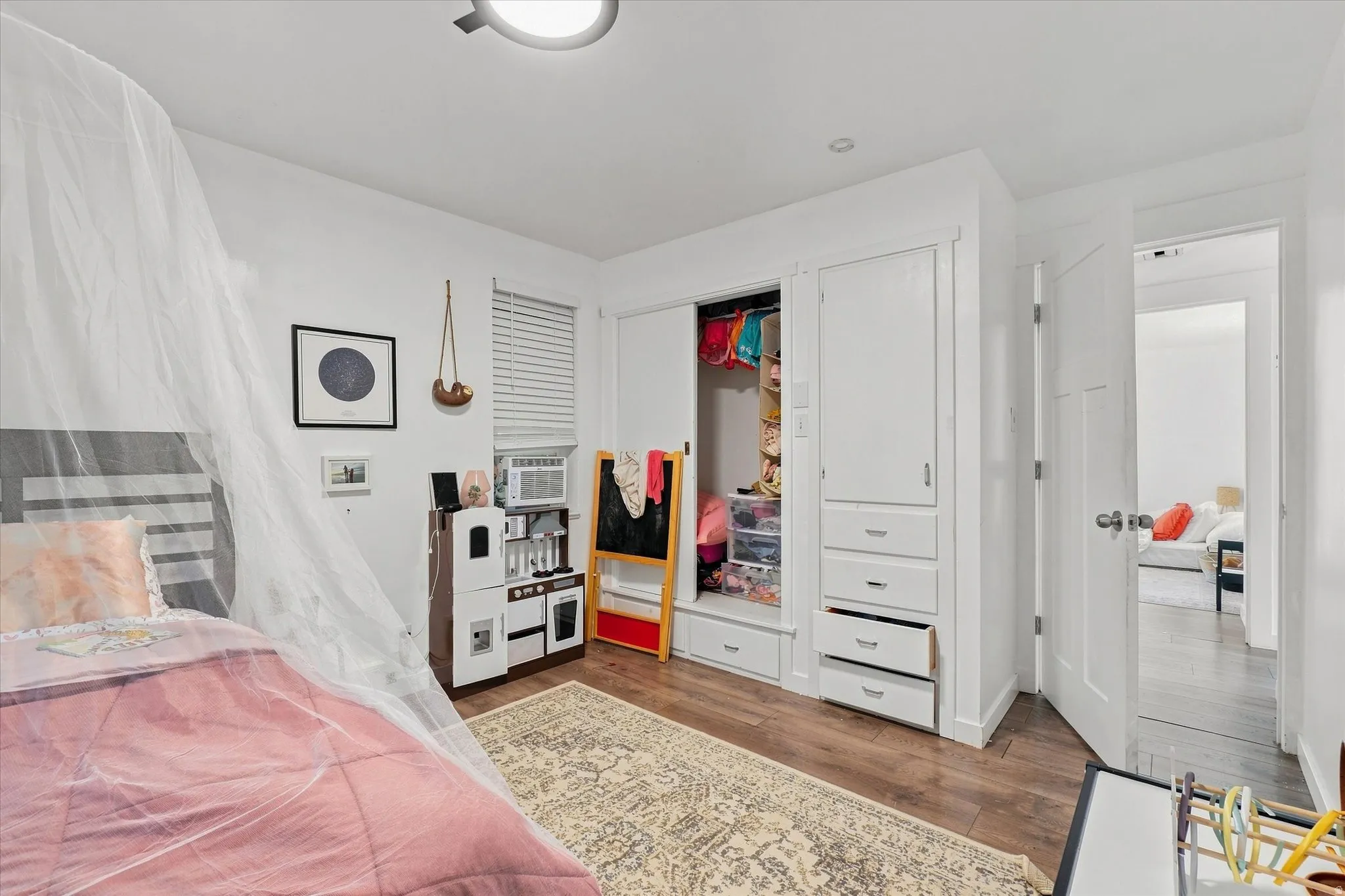 Wood-finish flooring, white walls, built-in cabinetry, white paneled doors, and a ceiling-mounted light fixture
