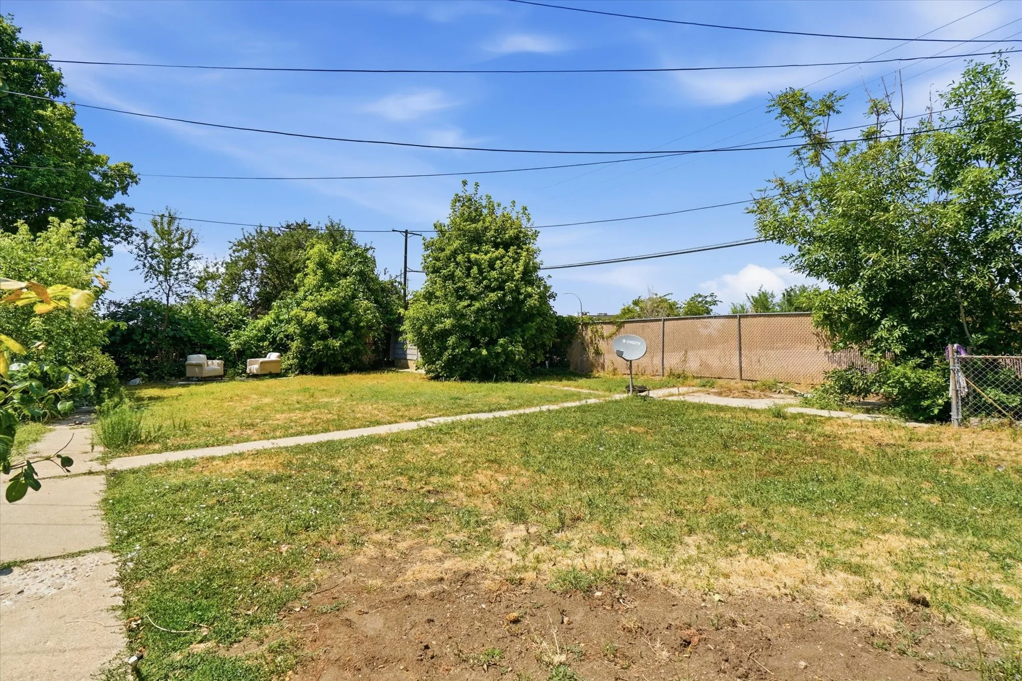 Expansive backyard featuring a partial concrete pathway, mature trees, and a concrete perimeter wall