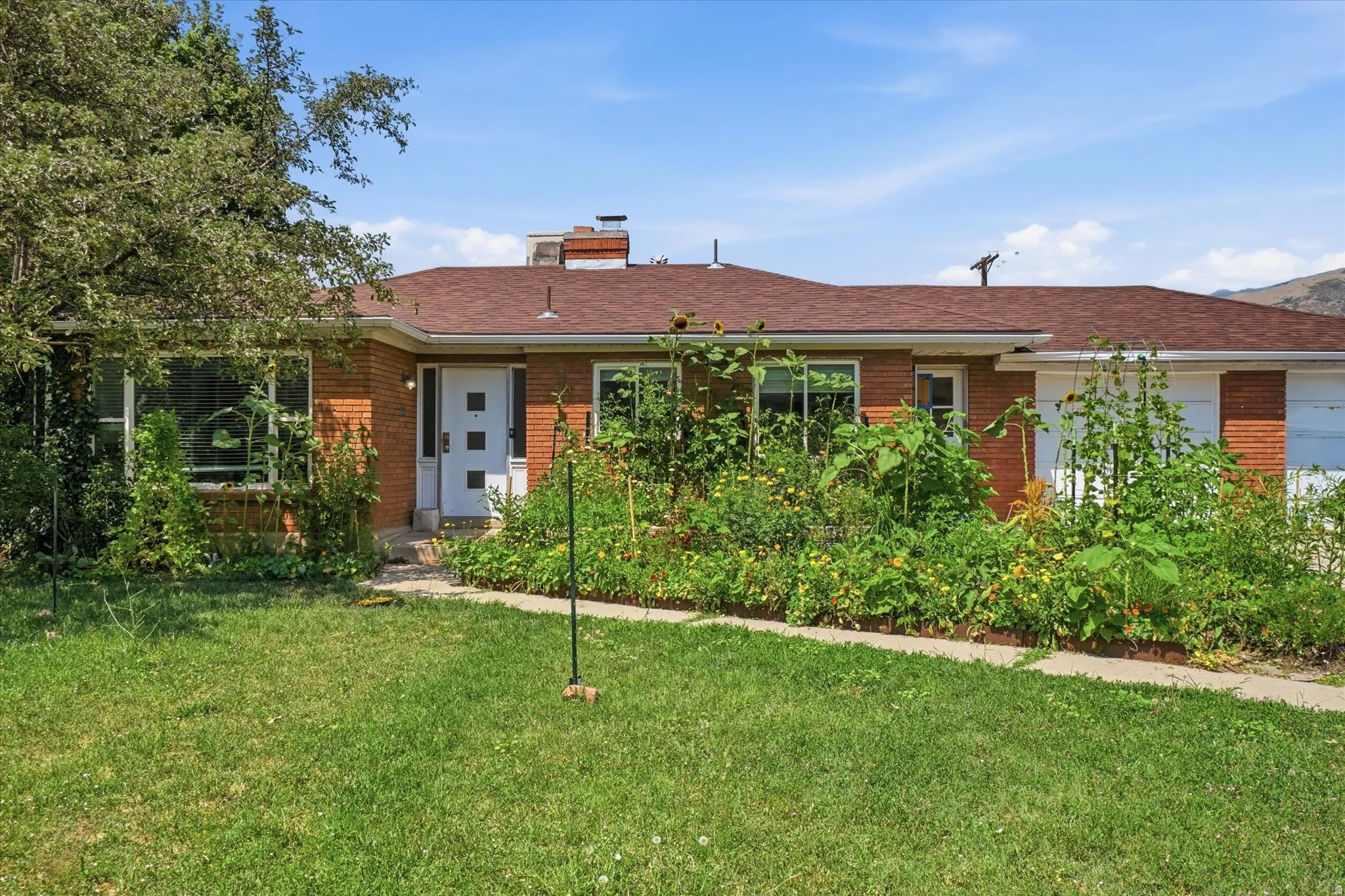 Brick exterior, red shingle roof, white trim windows, front entry door with obscure glass panels, attached garage