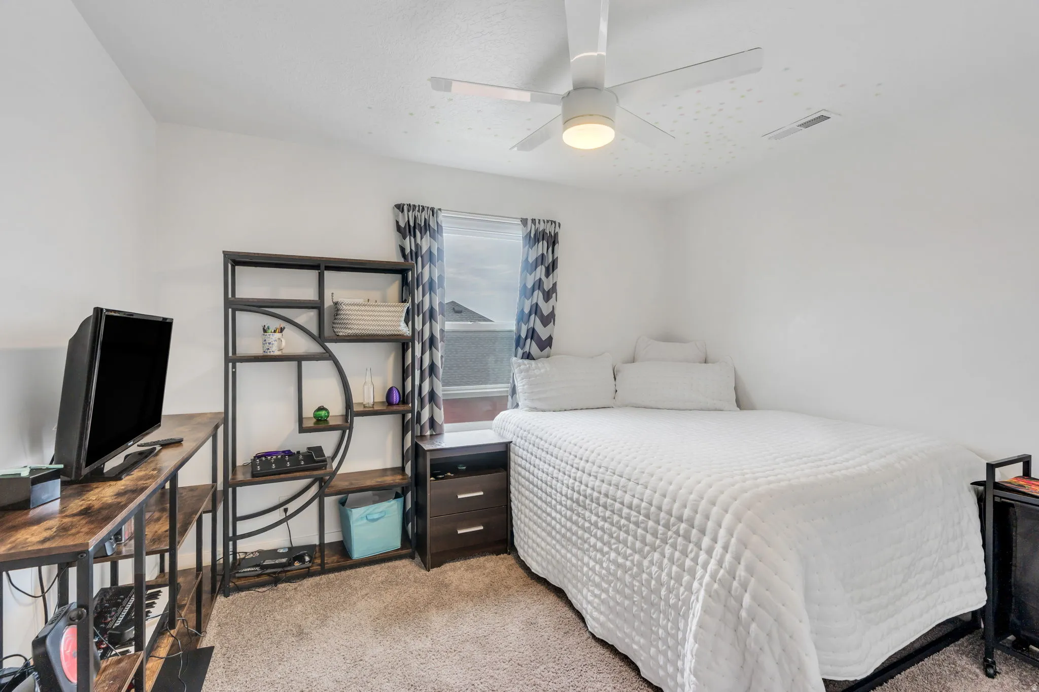 Bright interior space featuring a window with patterned curtains, neutral wall tones, and textured carpet flooring