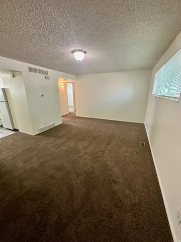 Spacious living area featuring neutral wall tones and plush brown carpeting