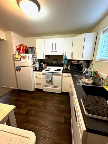 Efficient kitchen featuring white cabinetry, dark countertops, and wood-finish flooring
