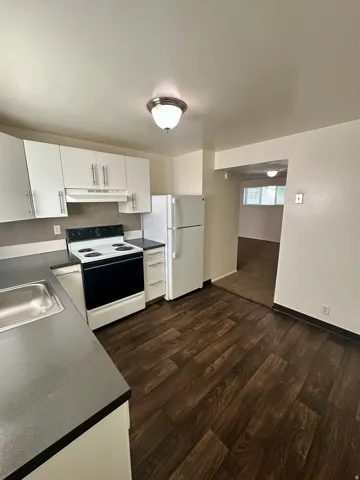 Kitchen featuring wood-finish flooring, white cabinetry with silver hardware, dark countertops, and a stainless steel sink