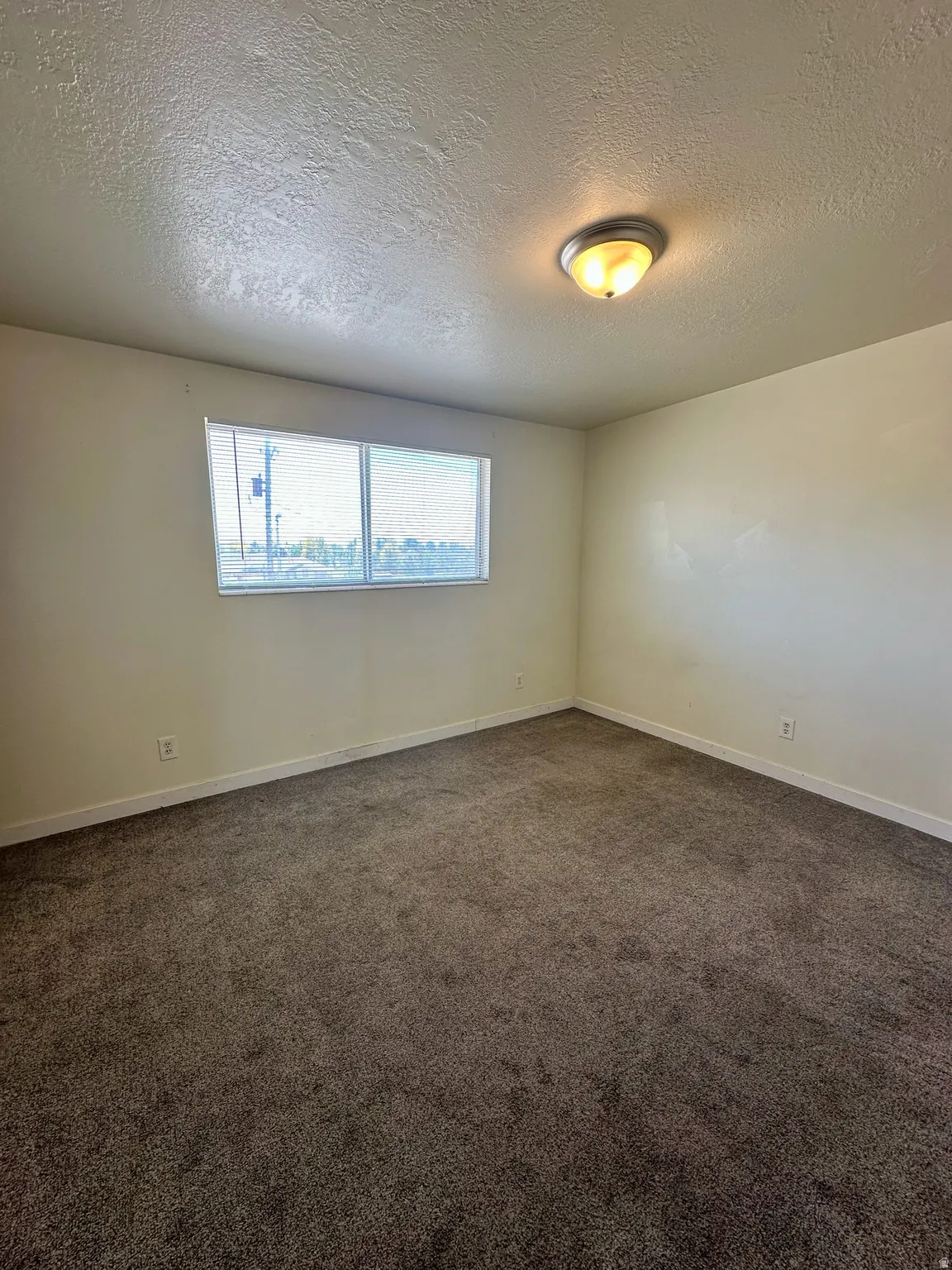Spacious room featuring neutral-toned carpet, light-colored walls, and a large window with blinds