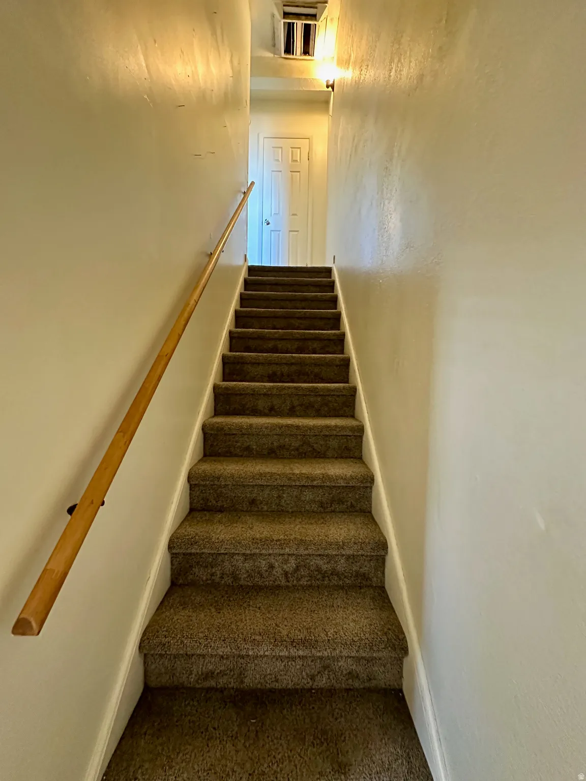 Carpeted staircase with a wood handrail leading to a paneled door