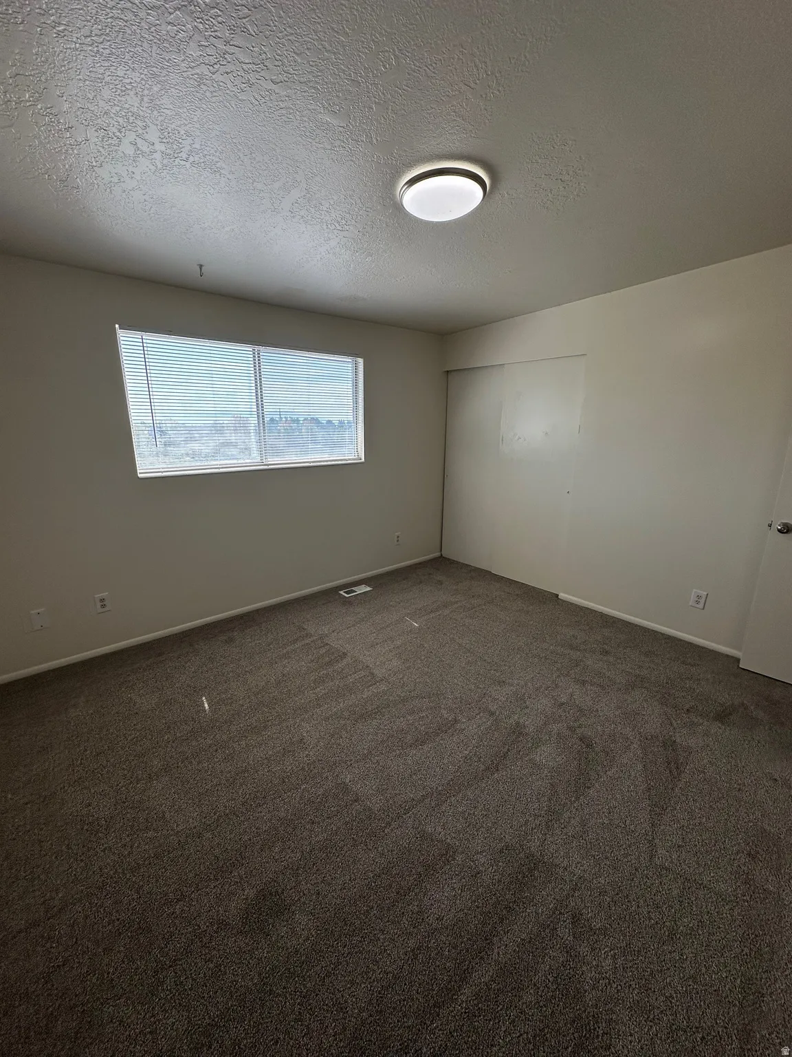 Spacious room featuring neutral carpeting, a large window with horizontal blinds, and a flush-mount ceiling light fixture
